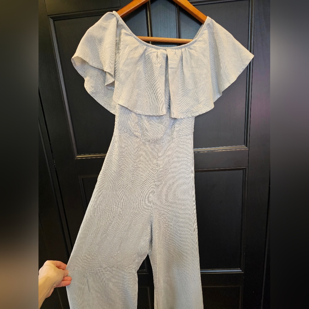 Wildfox Harlow Off-The-Shoulder Striped Chambray Wide-Leg jumpsuit- XS- SEE SPOT
